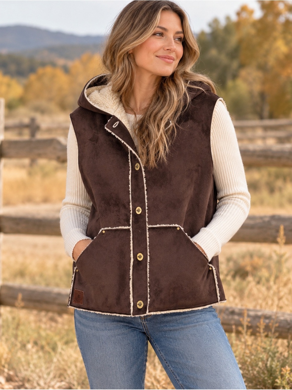 Lauren Ralph Lauren XL Faux Shearling Sherpa Hooded Vest Brown Western